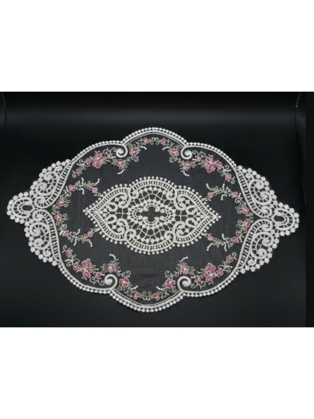 Vintage White Floral Embroidered Lace Doily W/Delicate Pink Roses & Scrollwork O